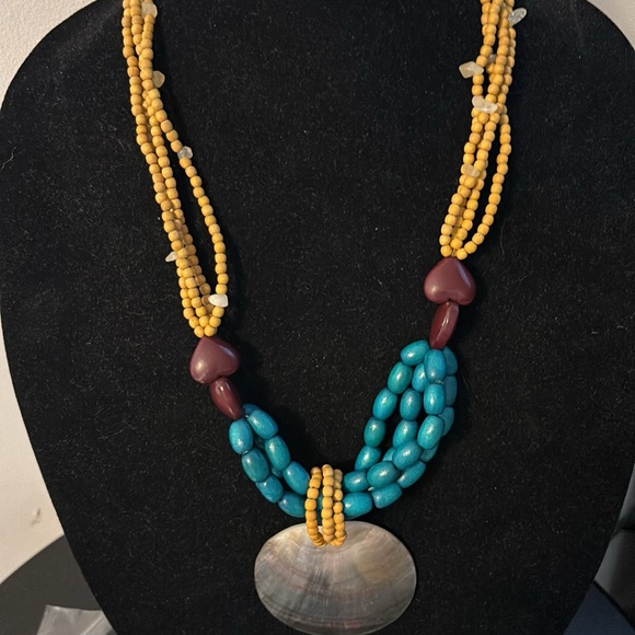 Boho Necklace with large Abalone shell wood beads multi strand design 24”. - Picture 4 of 4